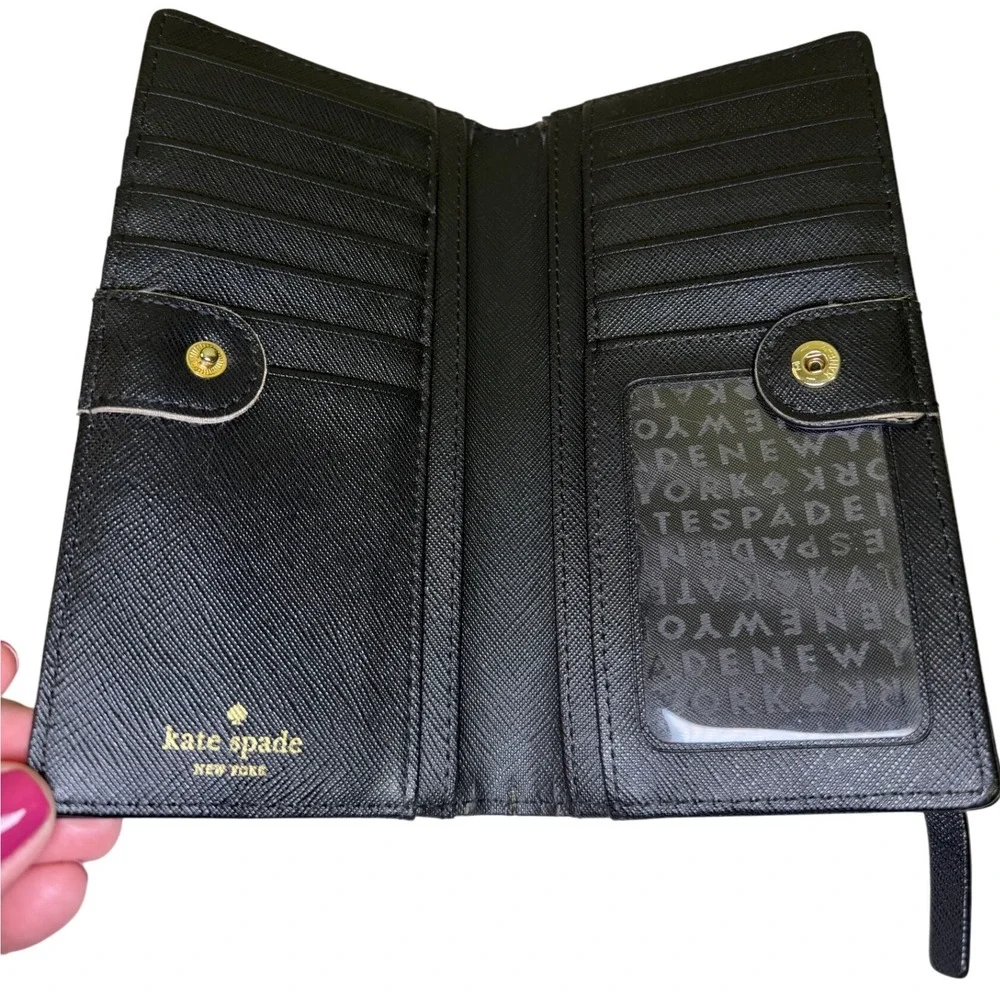 Kate Spade New York Black Saffiano Leather Wallet Snap Closure Gold Hardware Zip